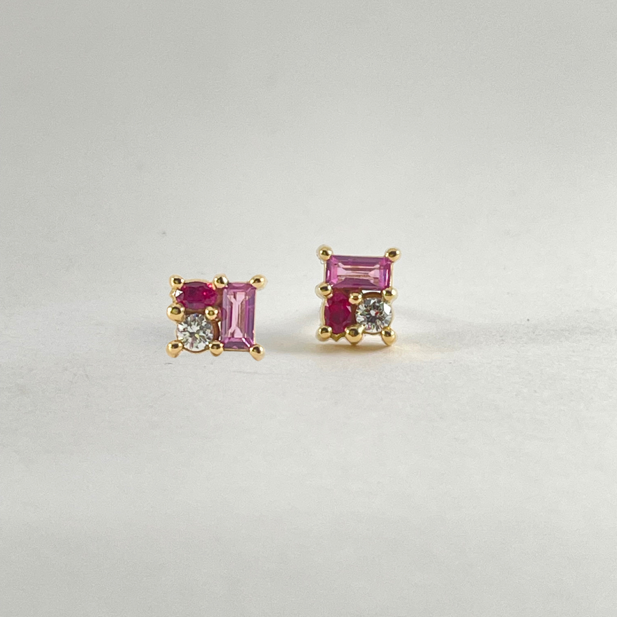 Ruby, Diamond and Pink Sapphire Stud Earrings