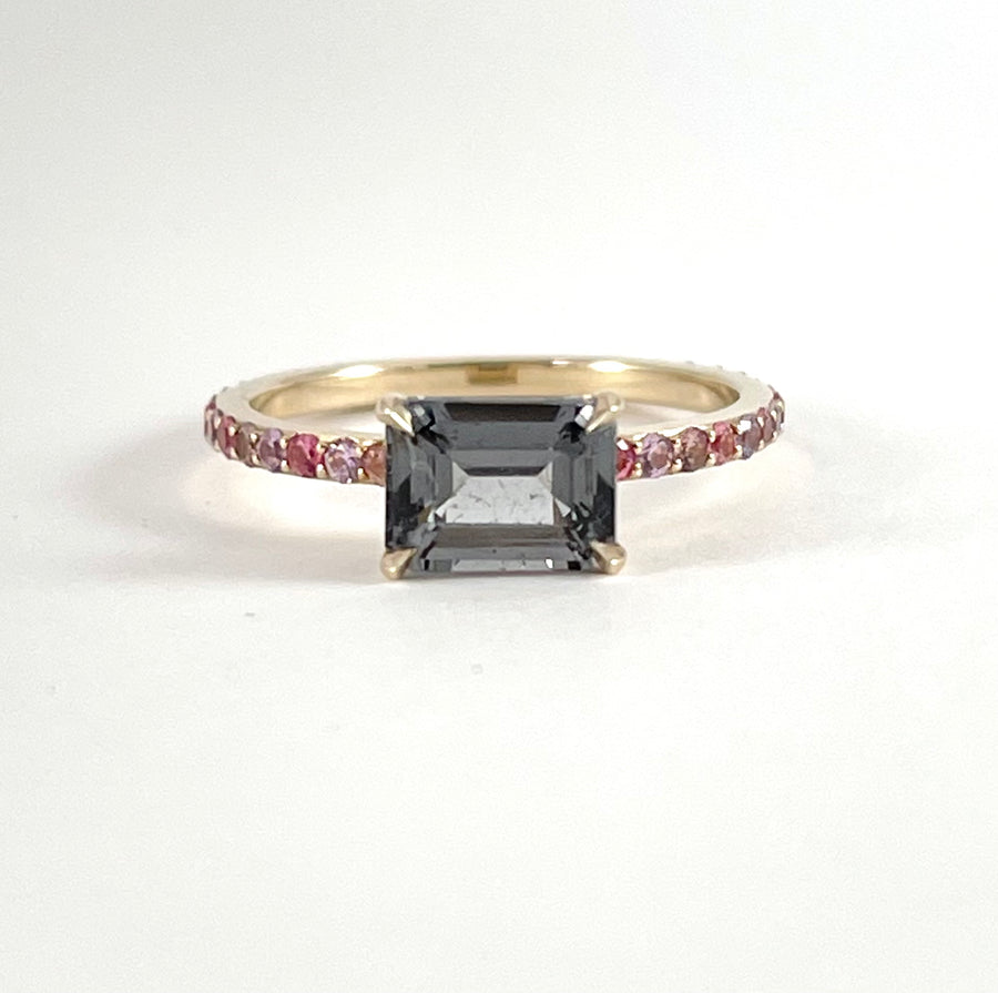 Emerald Cut Grey Spinel and Pink Sapphire Ring