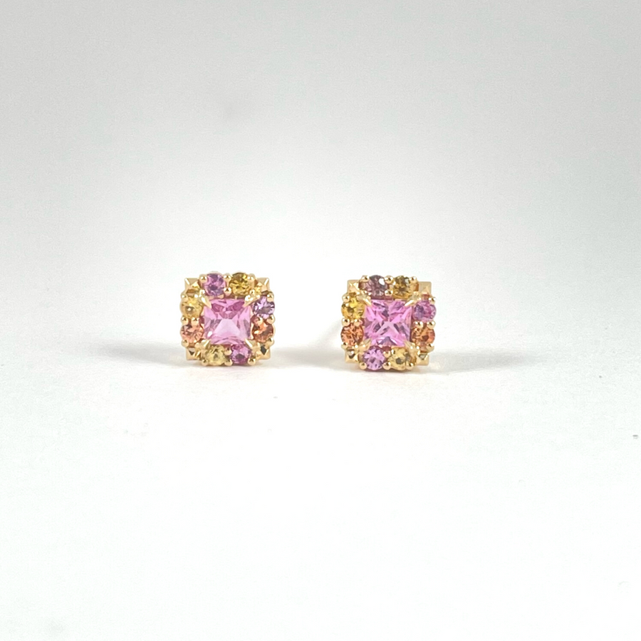Pink and Yellow Sapphire Princess Cut Stud Earrings