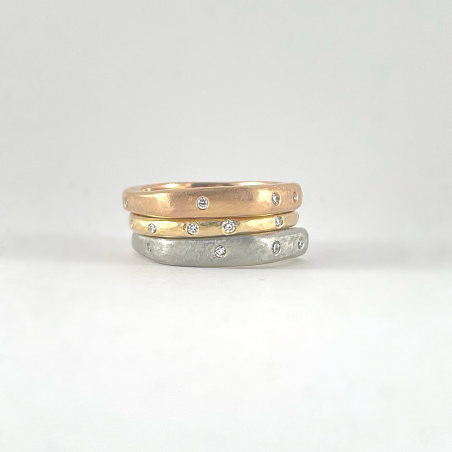 Chunky Organic Gold Ring Stack with White Diamonds