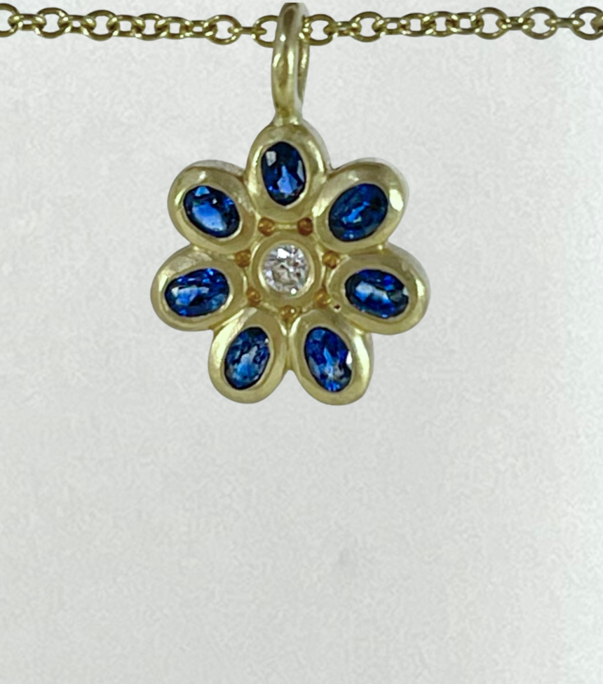 Oval Blue Sapphire Flower Charm