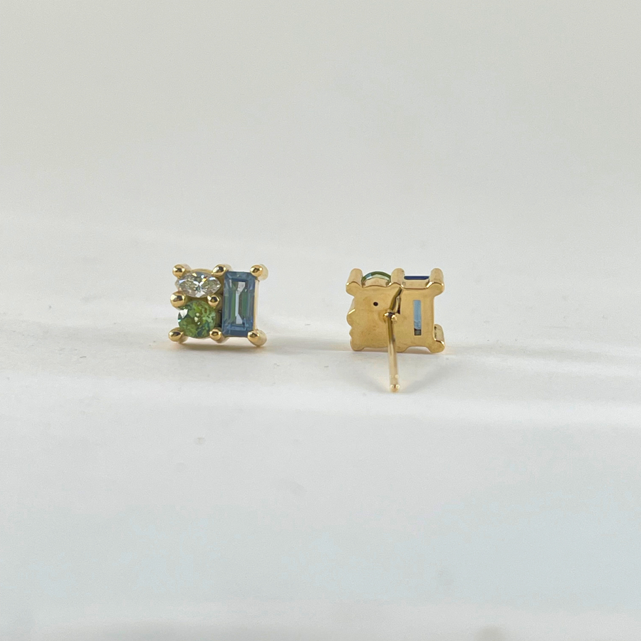 Multi-Color Sapphire and Diamond Cluster Stud Earrings