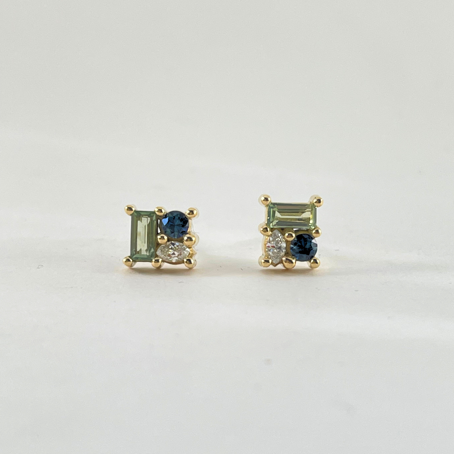 Tourmaline Sapphire and Diamond Cluster Stud Earrings