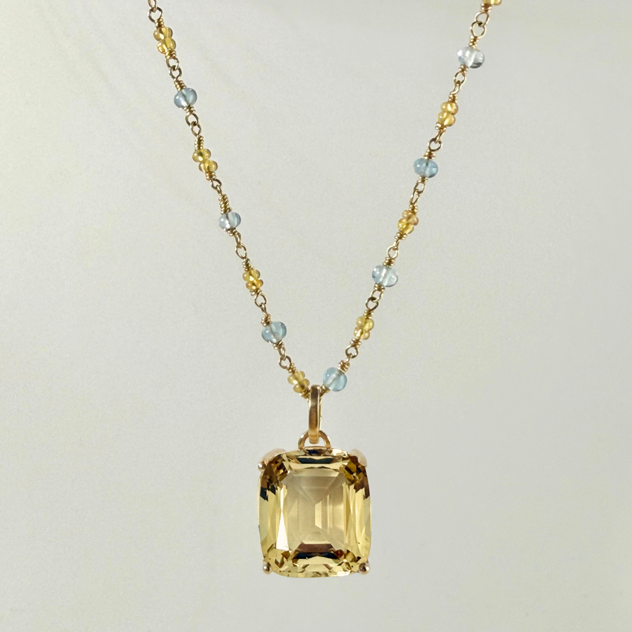 Citrine pendant on Sapphire and Aquamarine bead chain