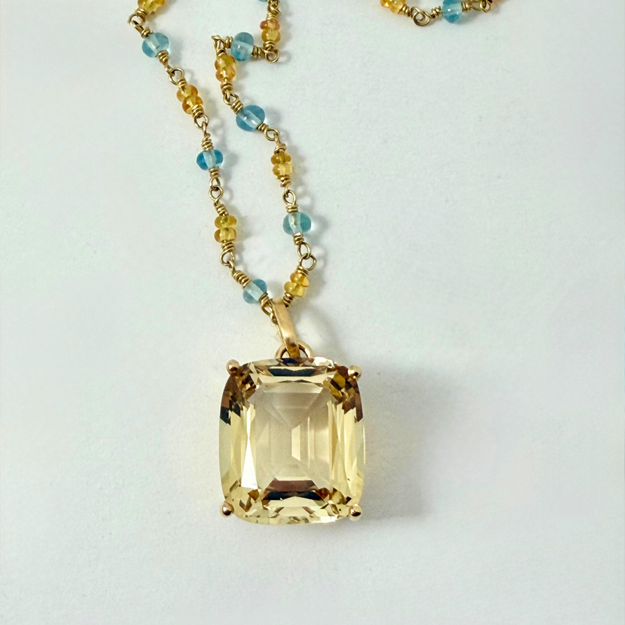 Citrine pendant on Sapphire and Aquamarine bead chain