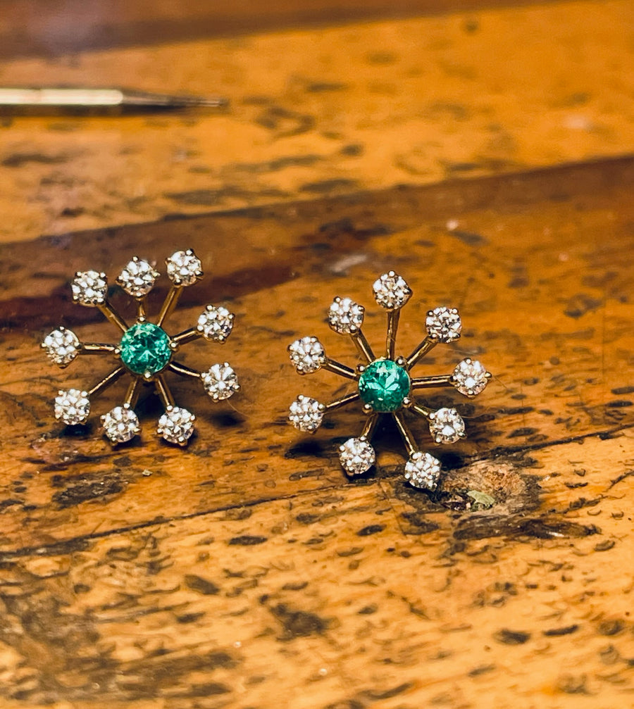 Emerald and White Diamond Starburst Stud Earrings
