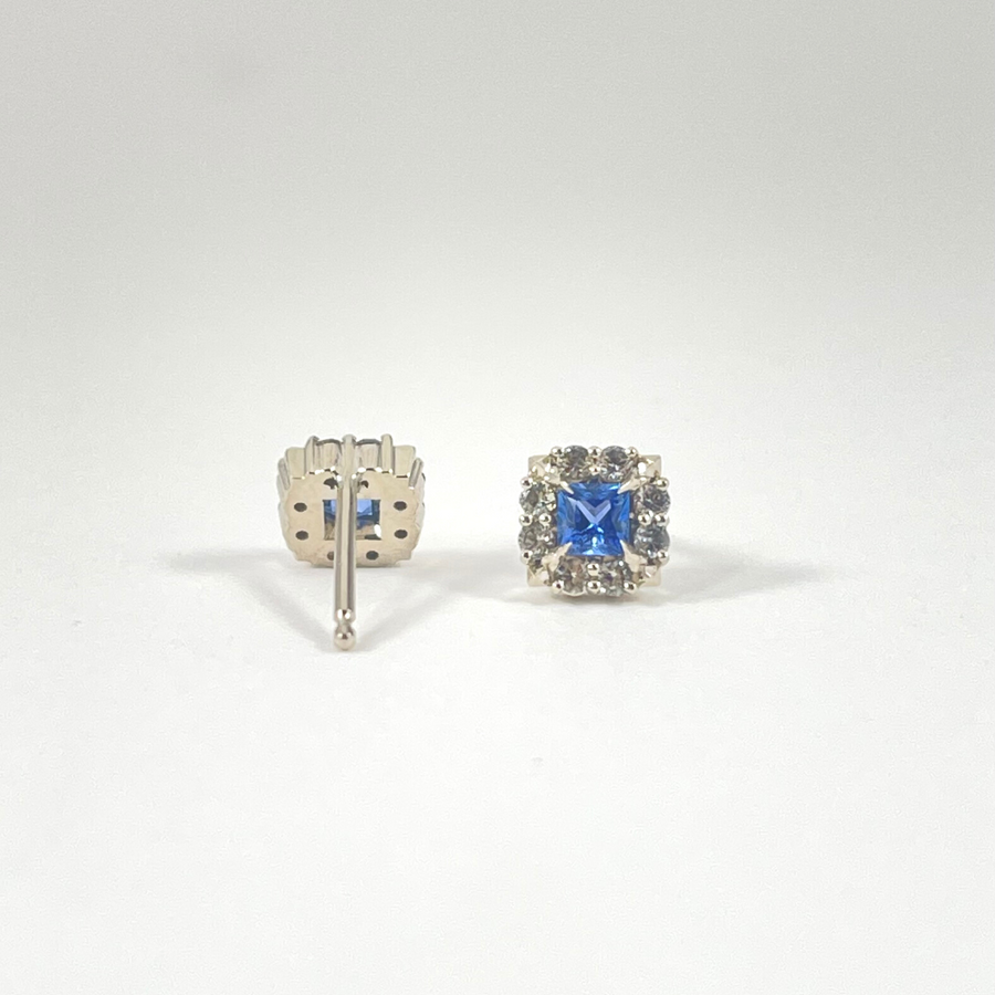 Blue and Grey Sapphire Princess Cut Stud Earrings