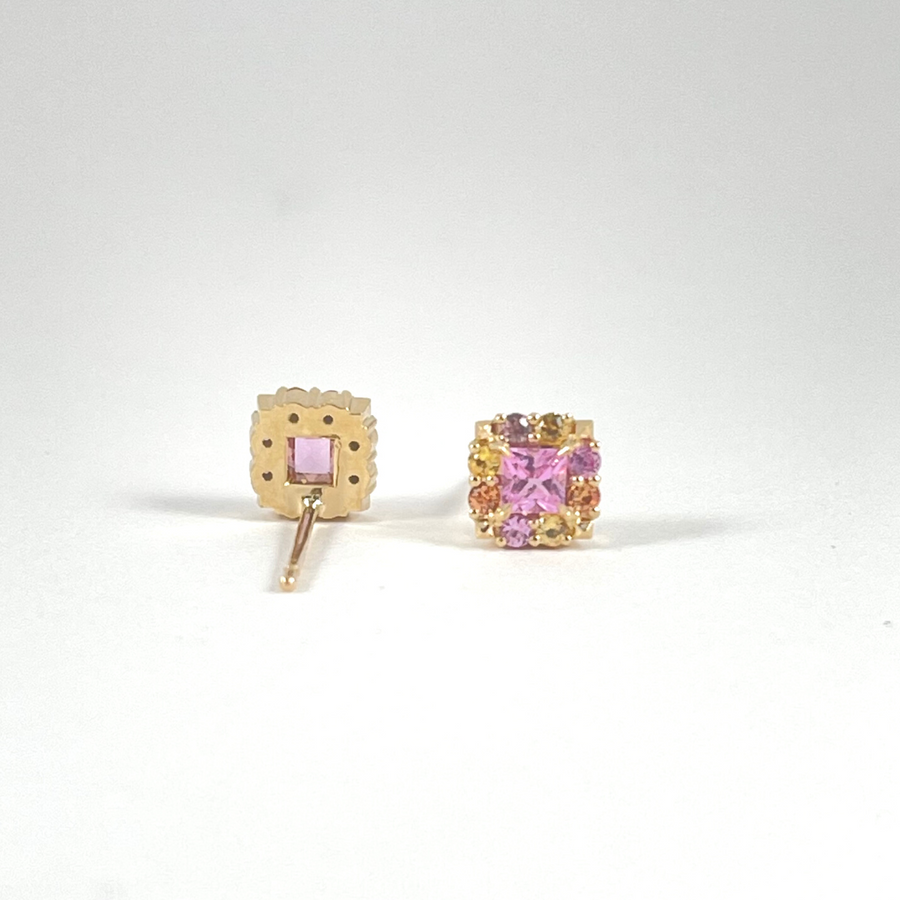 Pink and Yellow Sapphire Princess Cut Stud Earrings