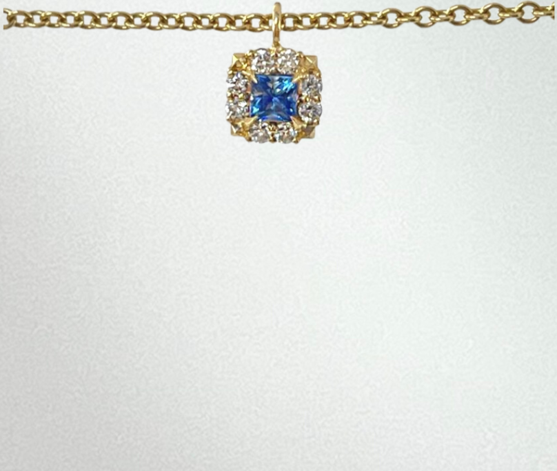 Princess Cut Blue Sapphire and Diamond Charm
