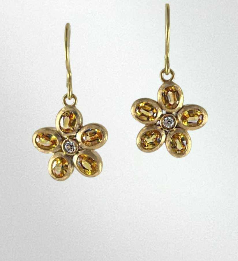 Yellow Sapphire and Diamond Flower Drop Earrings