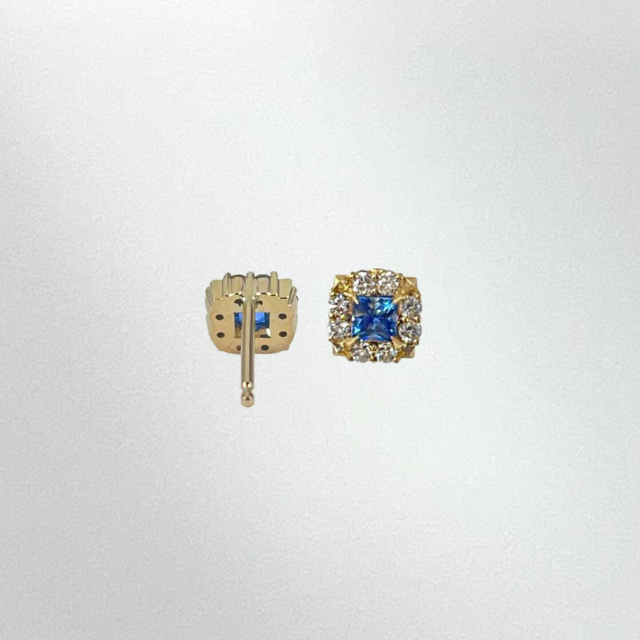 Princess Cut Blue Sapphire and White Diamond Stud Earrings