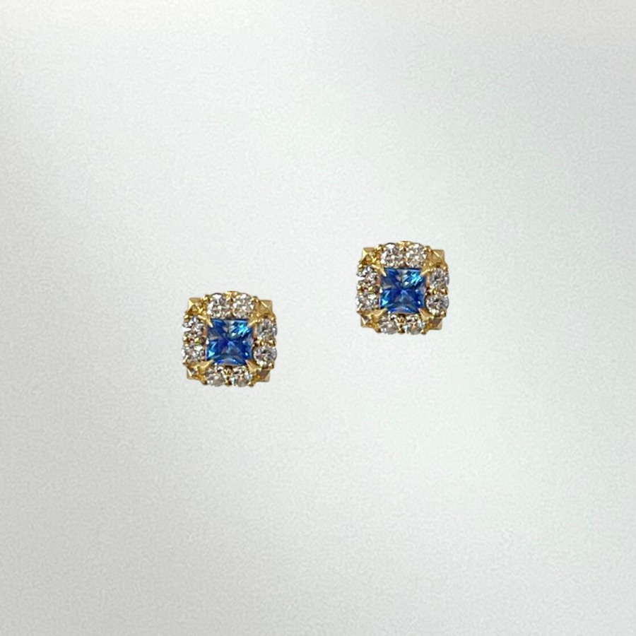 Princess Cut Blue Sapphire and White Diamond Stud Earrings