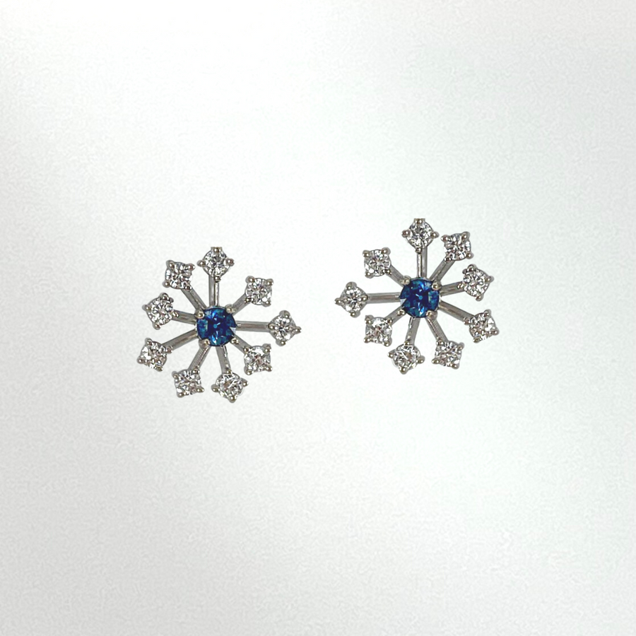 Diamond and Blue Sapphire Starburst Stud Earrings